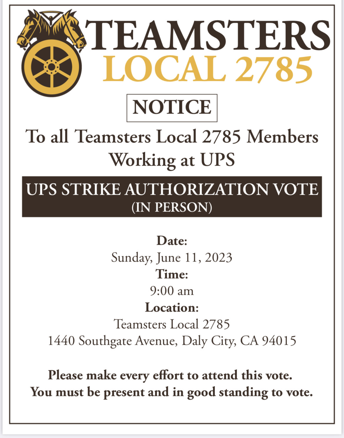 UPS STRIKE AUTHORIZATION VOTE Teamsters Labor Union Local 2785